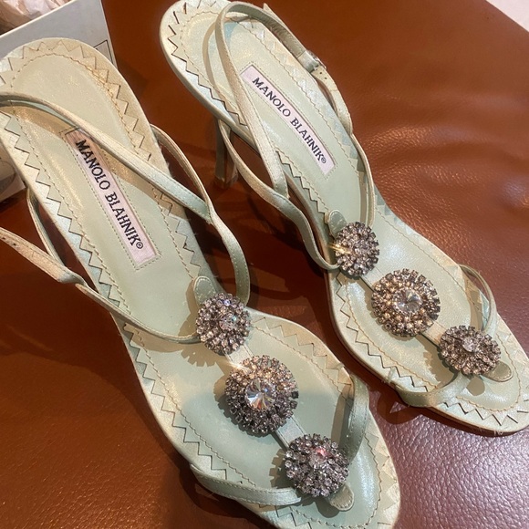 Manolo Blahnik Light Green Crystal Heels - Picture 4 of 11